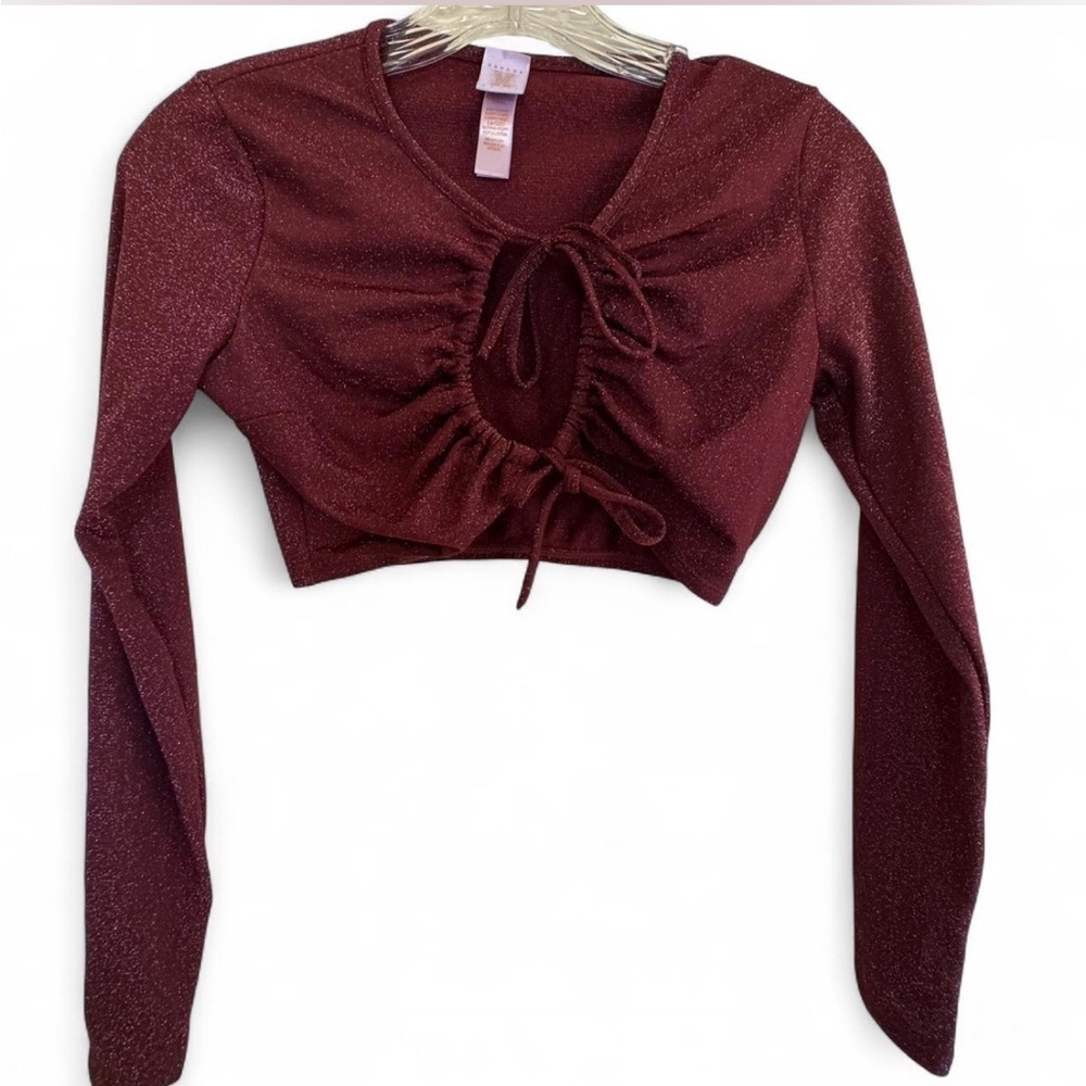 Savage X Fenty Sleep and Shine  Shimmering Burgundy Ruched Crop Top Long Sleeve